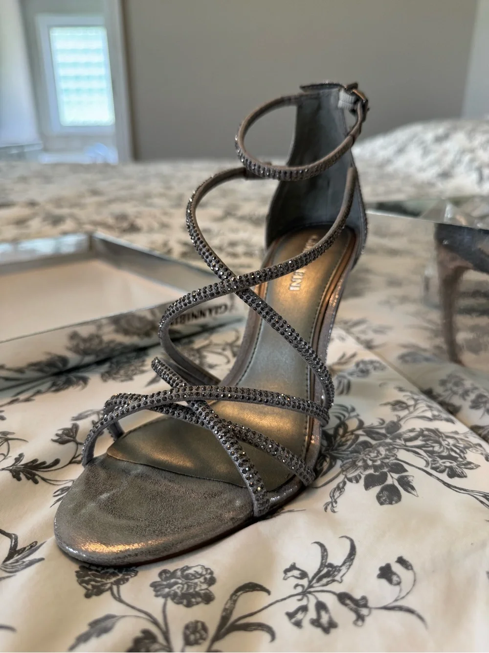 Gianni Bini Metallic Gray Strappy Rhinestone Heels - Never Worn